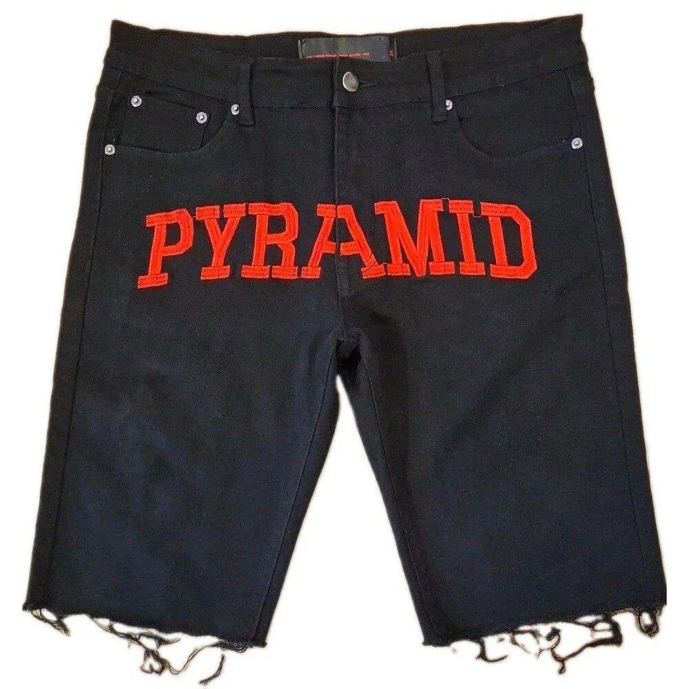 Chris Brown's Pyramid Cut Off Denim Jean Shorts Men's Size 34 Black Raw Hem EUC